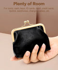 Totally Adorable Vintage Coin Purse For Women Super Chic Mini Leather Change Pouch With Secure Kiss Lock Clasp held in hand.