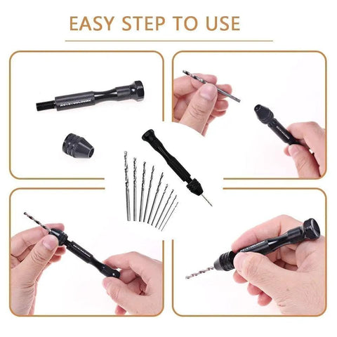 Steps showing how to use Pin Vise Hand Drill Set With 25 Micro Twist Drill Bits 0.5 To 3.0 Millimeter for precise drilling.