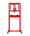 Heavy Duty 12 Ton Hydraulic Shop Press Beefy H Frame Design With Adjustable Work Table For Home Garage Mechanics, red steel frame view.