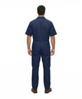Essential Men's Short Sleeve Zip Up Coverall in Navy Blue seen from behind, made of durable poly cotton blend for heavy duty tasks.