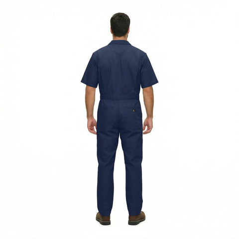 Essential Men's Short Sleeve Zip Up Coverall in Navy Blue seen from behind, made of durable poly cotton blend for heavy duty tasks.