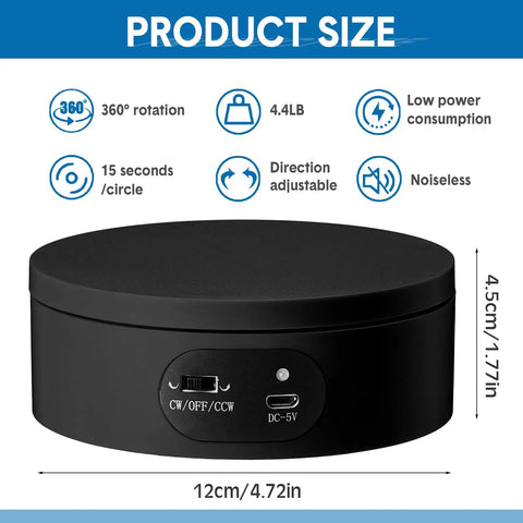 6 Piece Black Turner Cup Rotating Display Stand With USB Power Cable And Silent Motor Battery Backup For Kitchen Tumbler Organization showing size and features.