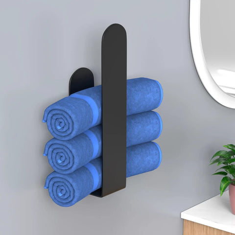 Stainless Steel Self Adhesive Hand Towel Bar For Wall Mount Black Modern Towel Holder That Sticks To Smooth Surfaces No Drills Quick Install Rustproof Bathroom Accessory with blue towels mounted on a wall.