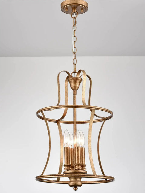 Modern Lantern Pendant Light With Four Lights In A Rusty Gold Finish, Adjustable Height Ceiling Fixture For Kitchen Island