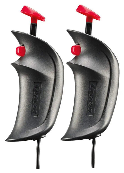 Close-up of 2 controllers from Disney Pixar Cars Neon Nights Electric Slot Car Racing Set With 2 Controllers And 2 Cars In 1 To 43 Scale