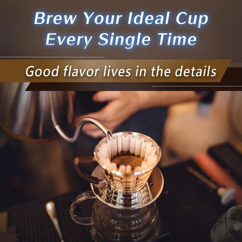 Premium Single Dose Electric Burr Coffee Grinder 48Mm Heavy Duty Steel Burrs Crush Beans To Perfection For True Espresso Lovers With Hella Precise Manual Adjustments In Classic Black brewing coffee in pour-over setup.
