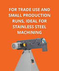 Heavy Duty Industrial Belt Grinder Built Like A Tank For Metal Fabrication Shops Featuring Rock Solid Steel Frame And Badass Torque 3 Phase 400 440 Volt Motor side view on orange background.