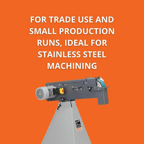 Heavy Duty Industrial Belt Grinder Built Like A Tank For Metal Fabrication Shops Featuring Rock Solid Steel Frame And Badass Torque 3 Phase 400 440 Volt Motor side view on orange background.
