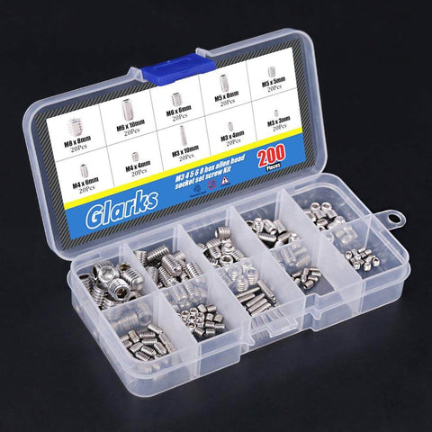 200 Piece M3 M4 M5 M6 M8 Hex Allen Head Socket Set Screw Assortment Kit Made Of 304 Stainless Steel with Plastic Box