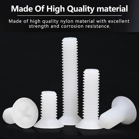 Knockout 1250 Piece White Nylon Phillips Bolt And Nut Assortment Kit For Smooth Pcb Wiring Featuring Tough As Nails M2 Through M6 Metric Threads And Flush Heads, showcasing various nylon screws with flush heads.