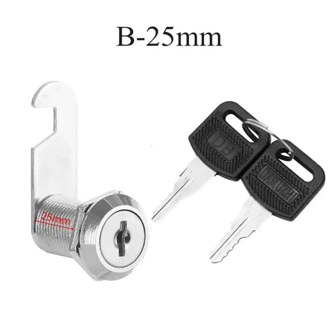 Cam Lock 10 To 25 Mm For Doors Cabinets Mailboxes And Drawers Durable Keyed Lock with keys visible, labeled B-25mm.