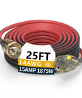 Heavy Duty Outdoor Extension Cord 25 Ft 14/3 Gauge Waterproof with Locking LED Plugs coiled with ETL tag and plug close-up