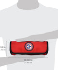 Front view of red Be Smart Get Prepared 73-piece sports first aid kit in a roll-up bag.