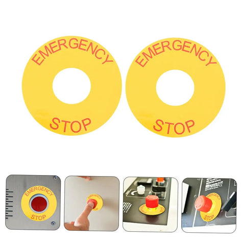 Emergency Stop Sign Decal Set For Machinery Safety Labels Bright Yellow With Red Text, heavy duty PVC for home, office, and construction sites.