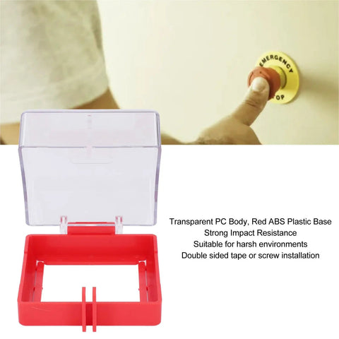 Clear Emergency Stop Button Lockout Cover With Hinged Design And Mounting Kit Easy Install Via Screws Or Adhesive Transparent Safety Shield For Industrial Buttons Includes Screws Tape Nuts. Person pointing to an emergency stop button in the background.