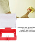 No Nonsense Industrial Grade Emergency Stop Button Lockout Cover for 105x105x63 mm shown open with stop button, clear case.