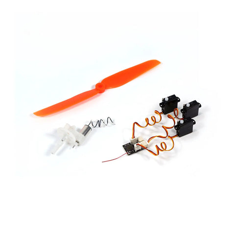 Heavy Hitter Brushed Motor Power System For Fixed Wing Model Airplane With S Fhss Receiver And Precision Servo Kit components including motor, propeller, and servos.
