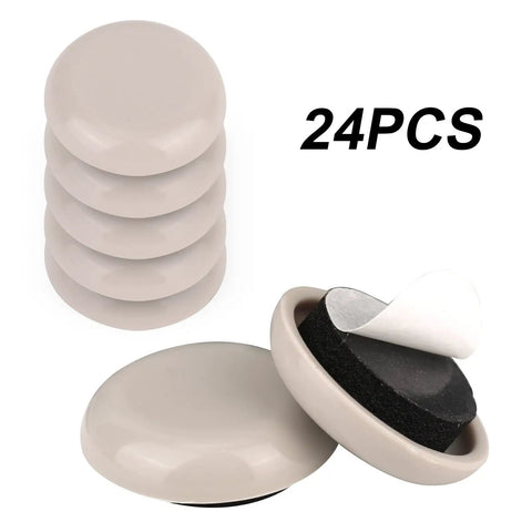 Twenty Four Pack Round Gray Self Adhesive Furniture Sliders Heavy Duty Moving Pads For Carpet Hardwood Tile Floors Easy Chair Table Sofa Glides That Roll Like Butter On Any Floor Type stacked in gray