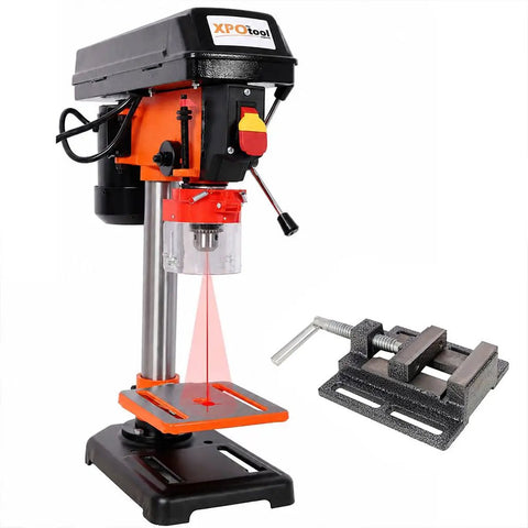 Powerful 8-Inch Benchtop Drill Press With Laser Precision Positioning For Wood And Metal, includes integrated vise clamp.