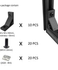 Packaging contents for Ten Sets Heavy Duty 2020 Aluminum Extrusion Corner Bracket For 8020 V Slot; includes brackets, bolts, and nuts.