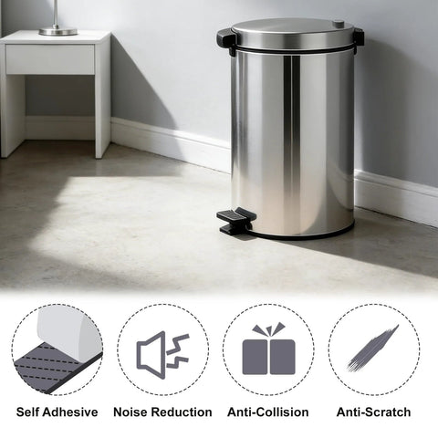 Front view of a stainless steel pedal trash can with a black foot pedal in a bright room.