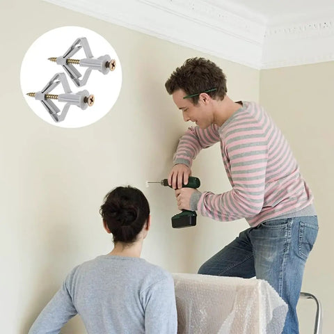 Heavy Duty Drywall Anchor Kit With Plastic Hollow Wall Anchors And Screws For Easy Safe Mounts In Drywall Ideal For Hanging Shelves Picture Frames TV Brackets And Light Fixtures, man drilling wall anchor