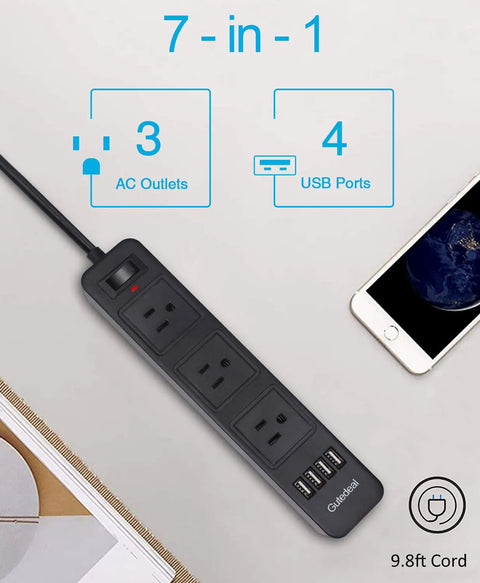 Two Prong Surge Protector Power Strip With Three AC Outlets And Four USB Ports Six Point Six Foot Non Grounded Extension Cord
