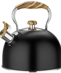 2.6 Quart Whistling Tea Kettle For Stovetop Black, Durable 304 Stainless Steel, Rust Resistant with wood-like ergonomic handle