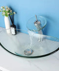 Slick 22 Inch Clear Glass Vessel Sink For Bathroom Oval Above Counter Bowl Tempered Glass Construction Modern Waterfall Faucet And Pop Up Drain Combo