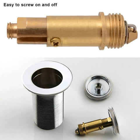 Slick Pair Of Solid Brass Basin Sink Drain Plugs With Smooth Push Pop Up Mechanism Rust Resistant. Includes metal drain fitting.