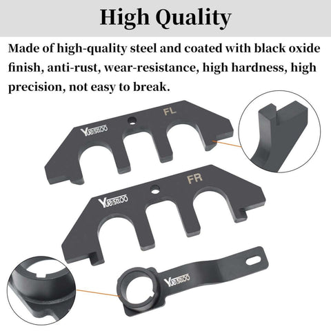 Three Piece Camshaft Alignment Tool And Crankshaft Positioning Tool Kit For Ford F150 Mustang 5 0 Coyote V8 Engine 2010 To 2017 Gen 1 And Gen 2 Great For DIY Fixes And Pro Engine Rebuilds, showing high-quality steel pieces with black oxide finish labeled FL and FR.