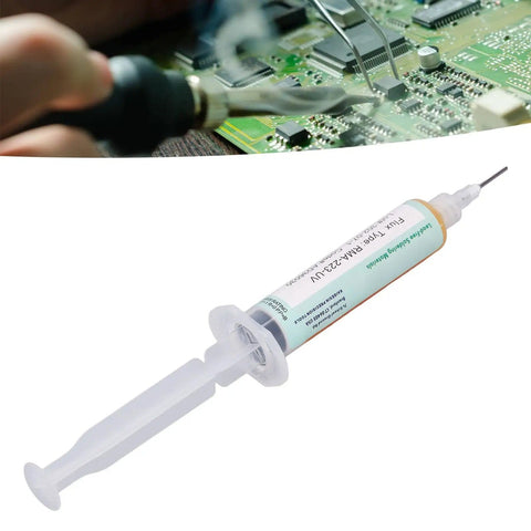 Close-up of Precise Syringe Type Flux for PCB Soldering RMA 223 with a background of electronics assembly.