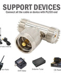 UHF Tee Coax Splitter 1 To 2 With SO239 Male To Female, Ham Radio CB Antenna Adapter, shown with compatible devices
