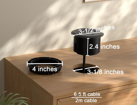 Pretty Slick 3 Inch Desktop Power Grommet 2 Pack With Pd 20W Usb C Fast Charger And 6.5 Foot Cord Black dimensions on a wooden desk.