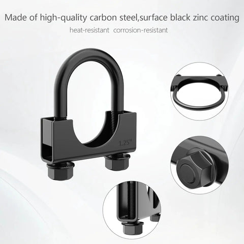 Heavy Duty 1.25 Inch Exhaust Clamps U Bolt Saddle Type Stainless Steel With Anti Corrosion Black Finish close-up details