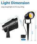 Dope 12 Pack 12W Low Voltage LED Landscape Lights With Connectors, showing dimensions and spike stand design