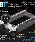 Seven Functions In One Jig Router Base Kit with offset baseplate handle and micro adjuster on display.