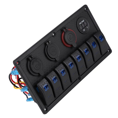 Eight Gang Rocker Switch Panel With Dual USB Outlets And Digital Voltmeter LED 12V 24V Marine Power Hub for trucks and boats