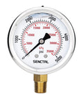 Front view of SENCTRL 2.5-inch glycerin-filled hydraulic pressure gauge with stainless steel case, 1/4-inch NPT mount