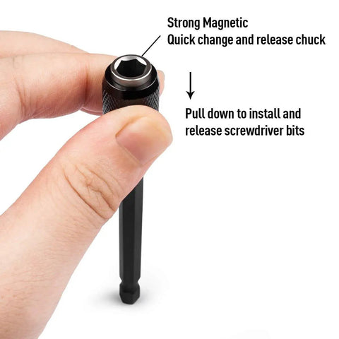 Close-up of Three Piece Magnetic Quick Release Bar Socket Screwdriver Bit Holder Set With One Quarter Inch Hex Shank Magnetic Extension