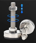 Heavy Duty Stainless Steel Adjustable Leveling Feet With Swivel Base For All Furniture To Squash Those Dang Wobbles And Keep Your Setup Locked Down Smooth, showcasing a detailed side view of the adjustable feet mechanism.