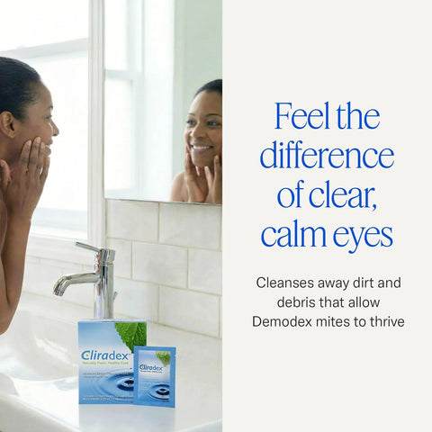 Cliradex Towelettes packaging, front view on bathroom sink, blue boxes with green leaf design beside faucet