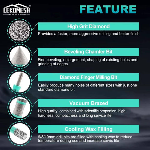 LEKOMESH tile hole saw kit for porcelain with diamond drill bits (6/8/10/35/50/65mm)
