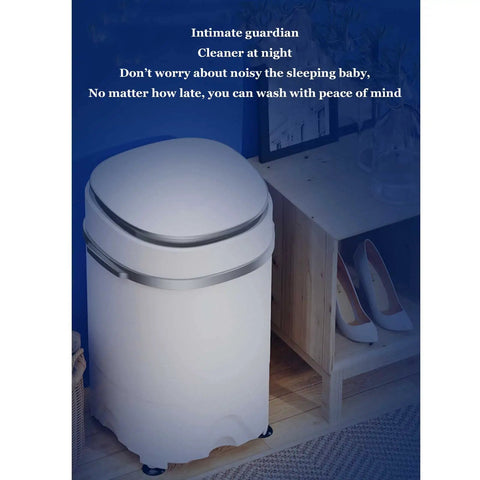 Compact Portable Washing Machine With Integrated Drying Bucket And Quick Drain Hose 3.8 Kilogram Capacity Mini Clothes Washer next to a wooden shelf