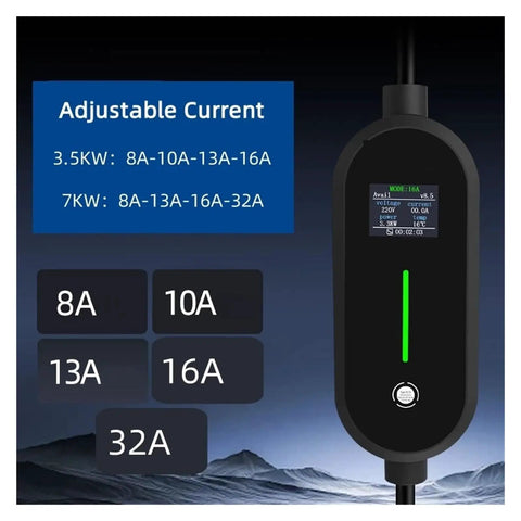 Hella Portable Ev Charger Type 2 7Kw 3.5Kw 16A To 32A Evese showing adjustable current settings, sleek design with digital display.