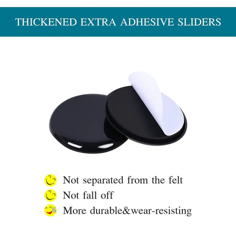 Close-up of 40 Pack 1-1/8 Inch Self-Stick Round Carpet Furniture Sliders with adhesive backing, black, for chairs and tables on carpet.