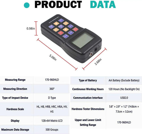 Portable Leeb Hardness Tester For Metals With D Type Impact 170 To 960 HLD Range And 360 Degree Multi Scale Conversion HL HRC HRB HB HV HRA HS Large Screen On The Go Quick Metal Hardness Readings, 5.8 x 2.9 x 1.2 in