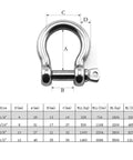 Hardcore 304 Stainless Steel Bow Shackle With Tight Screw Pin and M10 Beefy Rigging Hardware dimensions and specifications.