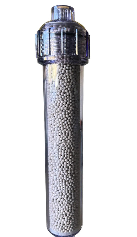 Activated Alumina Fluoride Removal Water Inline Filter For Household Drinking Water Purification System With Heavy Duty Cartridge in clear casing.