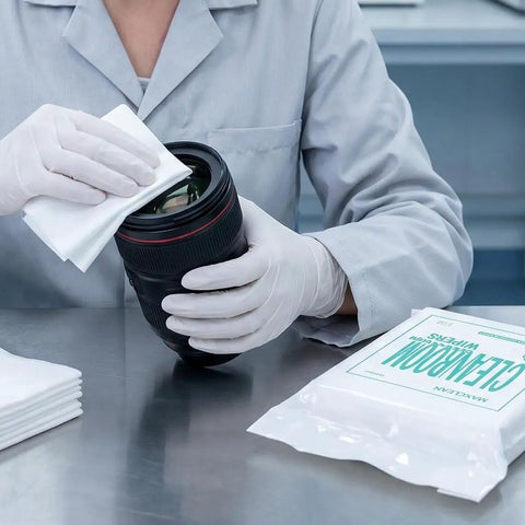 Top Shelf Four Inch Cleanroom Wipes Lint Free Microfiber Cloths For Small Electronics Precision Instruments And Lens Cleaning Delivers Dead On Results With Next Level Absorbency being used to clean a camera lens.
